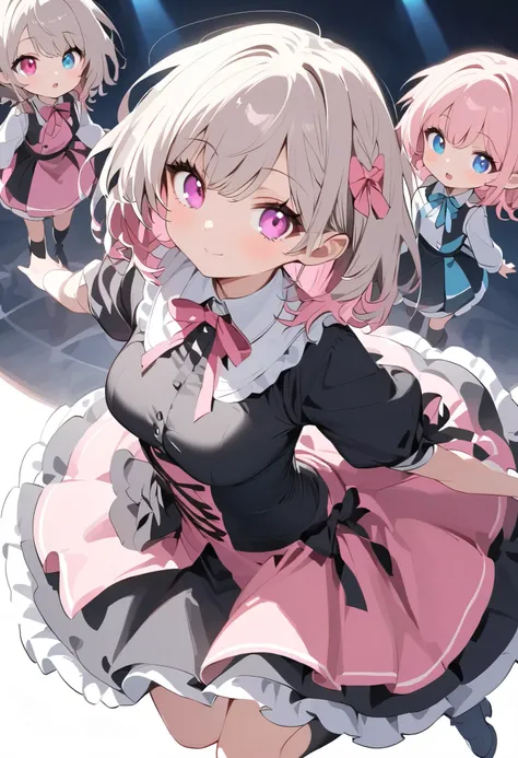  black costume、 black dress 、Gray Hair、Gray Hairに毛先はピンク、 black long sleeve dress ロングスカート、  pink ribbon がついたblack knee  high socks、  pink ribbon 、  Idol Costume、White medium hair with pink tips 、Pink hair with pink tips、Black long sleeve dress 、Beautiful Ab...