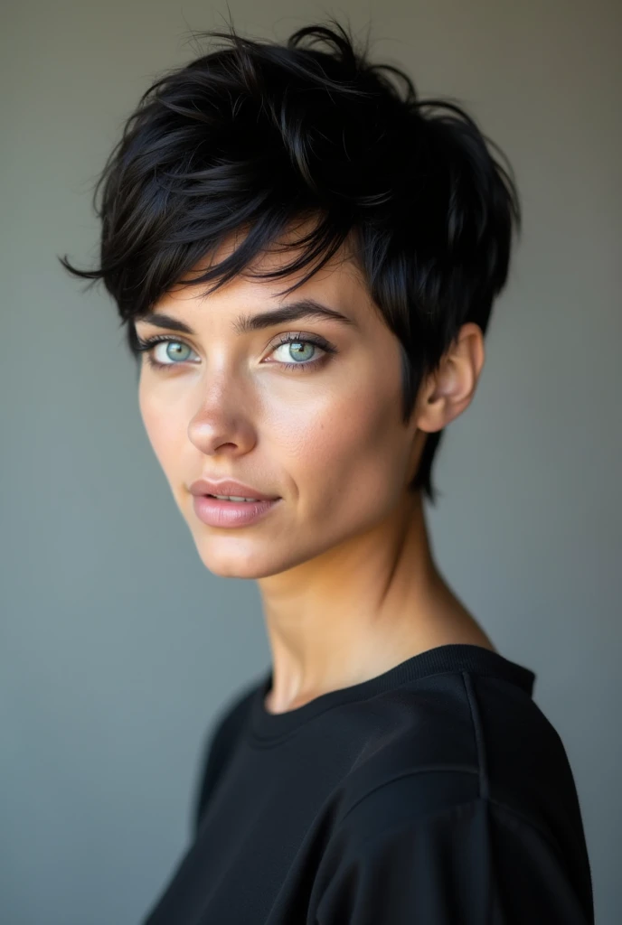 A young woman with a short, tousled pixie cut in deep black, striking blue eyes, and a light complexion. She has a defined jawline and a confident expression. Dressed in a dark top, she poses against a neutral background, with soft lighting emphasizing the...