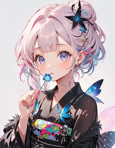  best detail、  1 girl，，Blink， （  the hair color is milky white and the tips of the fur are blue）、  The Cutest Girl in the World   ，Please wear a colorful and cute goth kimono costume  ,Shoulders are exposed、 star fairy ,Please wear a colorful and cute goth...