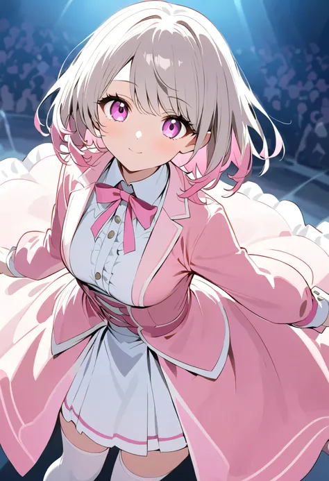 Gray Hair、Gray Hairに毛先はピンク、 Pink Long Sleeve Dressロングスカート、 pink ribbon がついたWhite knee socks、 pink ribbon 、 Idol Costume、White medium hair with pink tips 、Pink hair with pink tips、 Pink Long Sleeve Dress、Beautiful Absolute Realm 、whole body、White knee h...