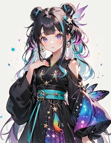  best detail、  1 girl，，Blink， （  the hair color is milky white and the tips of the fur are blue）、  The Cutest Girl in the World   ，Please wear a colorful and cute goth kimono costume  ,Shoulders are exposed、 star fairy ,Please wear a colorful and cute goth...