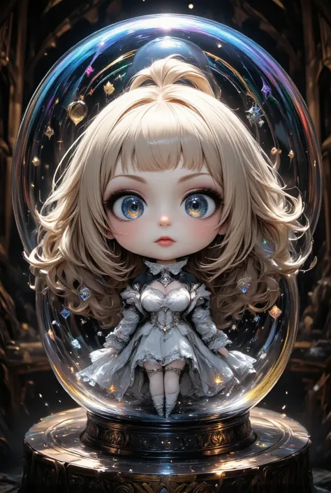 ultra detailed, absolutely resolution, masterpiece. 
chibi cute woman like a gothic doll trapped inside huge transparent iridescent soap bubble. 
extremely delicate depiction, extremely clear image, bold and dynamic, contrasts of light and shadow, 2.5D, ar...