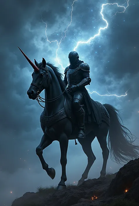 Black soldier riding unicorn in a thunderstorm in outer space