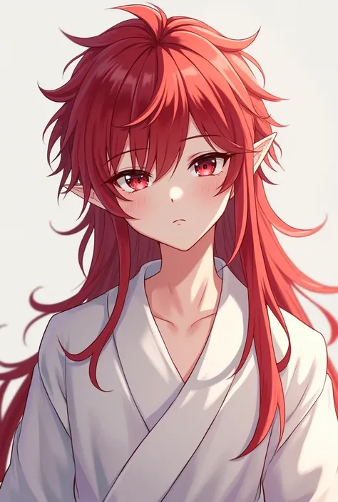  Make images for me : a very handsome, small and delicate 17-year-old boy, With very long red hair and dark pink eyes, he has pointed ears ( elf ear)  he has very white skin make him wearing a white kimono he belongs to the universe of the anime Jujutsu Ka...