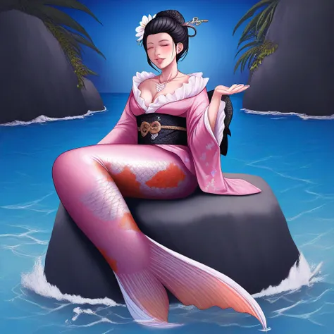 1girl, koima, mermaid, sitting on a rock, hair buns, eyes closed, peacefully singing, white flowers, necklace, pink kimono top, beautiful ocean, inlet, rocky shores, (calico pattern:0.8), masterpiece, highest quality, absurdres, digital art, very detailed,...