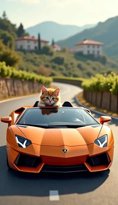 Kitten driving Lamborghini　background Italy