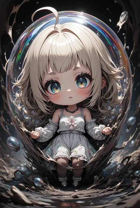 ultra detailed, absolutely resolution, masterpiece. 
chibi cute woman like a gothic doll trapped inside huge transparent iridescent soap bubble. 
extremely delicate depiction, extremely clear image, bold and dynamic, contrasts of light and shadow, 2.5D, ar...