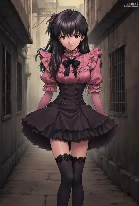 ((inspired by  Souryuu Asuka Langley ))(masterpiece, best quality),beautiful, ultra realistic,
beautiful-woman, ((detailed face)).(full body:1.3).,
 The woman is wearing a gothic_lolita fashion,pink frilled shirt with short puff sleeves, black neck ribbon,...