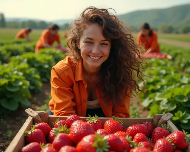 Make a brown-haired woman with curly hair pick big, shiny strawberries, In the strawberry fields and with several in the background doing the same service they are all wearing orange shirts 