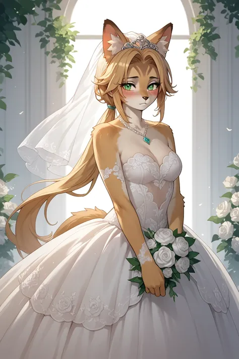 KJOpulchra, furry female, animal ears, tail, blonde hair, green eyes, long hair, low ponytail, bridal lingerie, wedding, wedding dress, blushing