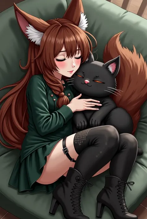 a brown haired gothic girl with brown and white cat ears and a fluffy fox tail black and green  shirt and skirt fishnets and long socks with heeled boots a sleeping on a couch cuddling a evil kitten plushy