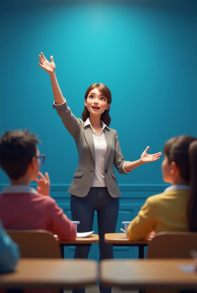 Create an image of a teacher teaching class, They are his raised arm showing something, The background must be blue