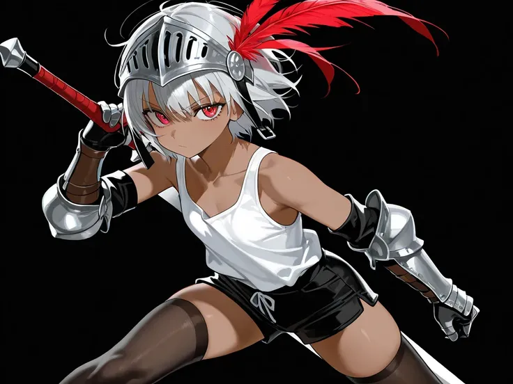 a dwarf size joyful physically thick young short dark skin small-sized girl, with short silver hair and red eyes wearing a medieval helmet with a red feather and medieval full arm gauntlets and knee height tights and a short white tank top and black shorts...