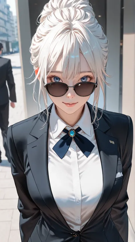  female wolf ,Long white hairstyle,Front eyes attract , Beautiful blue eyes,8k ,Quality images, Realistic detail,Elegant look , cute, wears a black suit ,รอยยิ้มน่าดึงดูด cute,Wearing sunglasses ,Executive Cool Look,