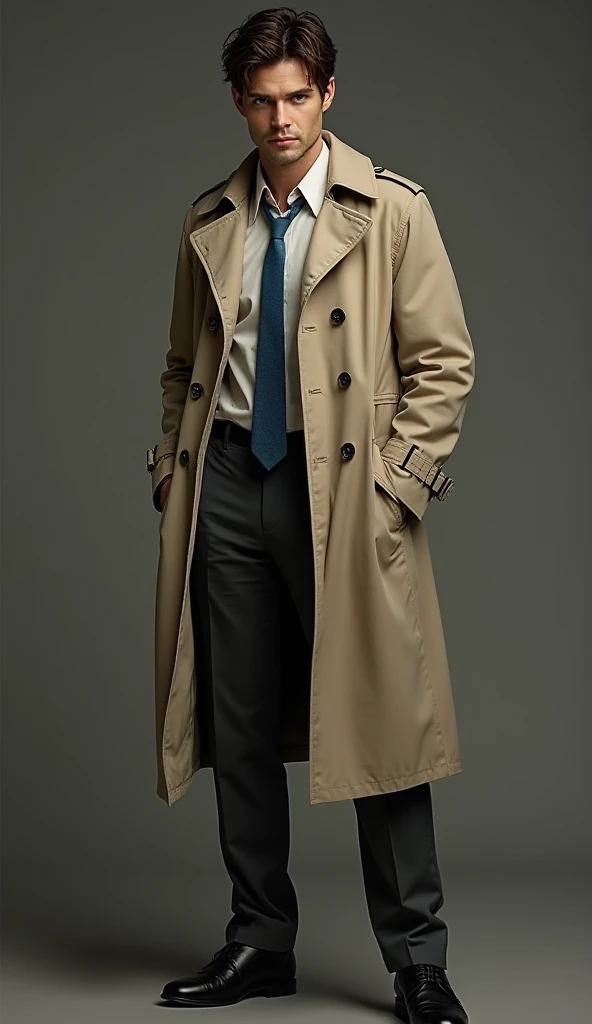 Castiel,  from the series Supernatural ,  is physically described as a man with a serene appearance ,  but with striking features ,  that reflect both his angelic nature and his serious and enigmatic posture.  Here is the description :

Height: around 1,80...