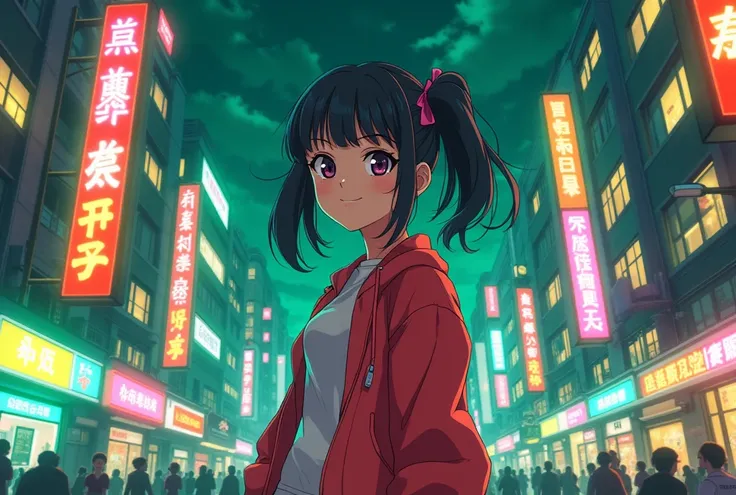 anime 80´s girl lights city night happyness greem yellow blue pink