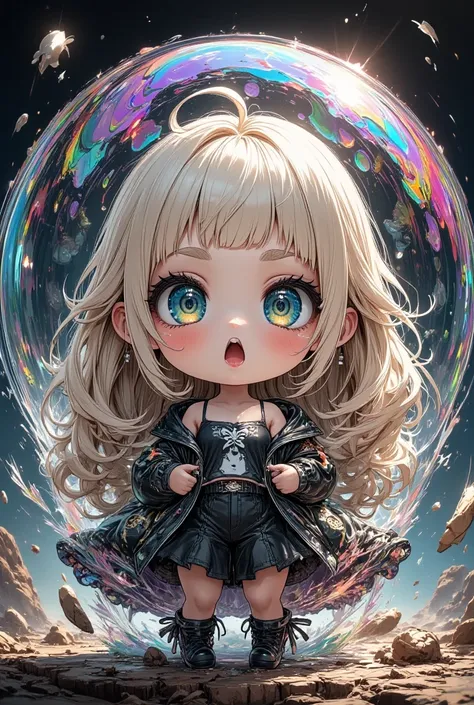 ultra detailed, absolutely resolution, masterpiece. 
fusion of pop art and psychedelic art, fusion of watercolor, acrylic and collage, conceptual installation art, various iridescent effects. 
chibi cute woman like a gothic doll trapped inside huge transpa...