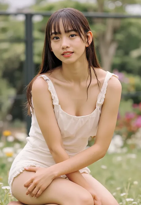 (4K, masterpiece,   high quality,  Details), ((I only wear a white camisole with no shoulder straps and white panties with a small area,  slender,  sexy collarbone,  can see her cleavage,  flat chest,  short,  Clothes Are Wet , Position of putting on your ...