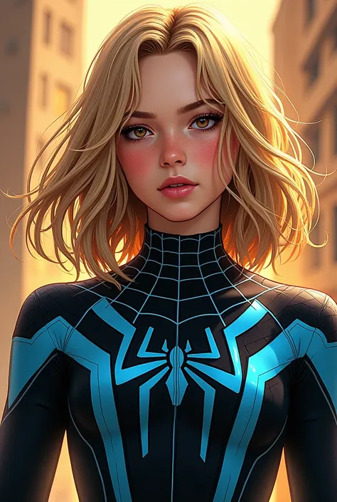 Make one with straight hair with blonde and brown highlights, brown eyes. Panel style Marvel Siderman comics, and the baby blue and black Spider-Man outfit.