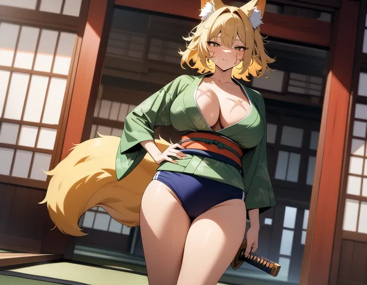 (masterpiece,very awa,very aesthetic,best quality,newest),high saturation,vibrant colors,BREAK,solo,1girl,30 years old,curvy,large breasts,tall,stout build,bewitching,(a fox tail,blonde fox ears),short hair,blonde hair,beautiful face,(brown eyes),(messy ha...