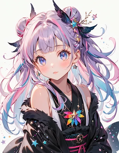  best detail、  1 girl，，Blink， （  the hair color is milky white and the tips of the fur are blue）、  The Cutest Girl in the World   ，（Please wear a colorful and cute goth kimono costume  ,Shoulders are exposed、The cuffs are long and wide 、） star fairy ,Pleas...