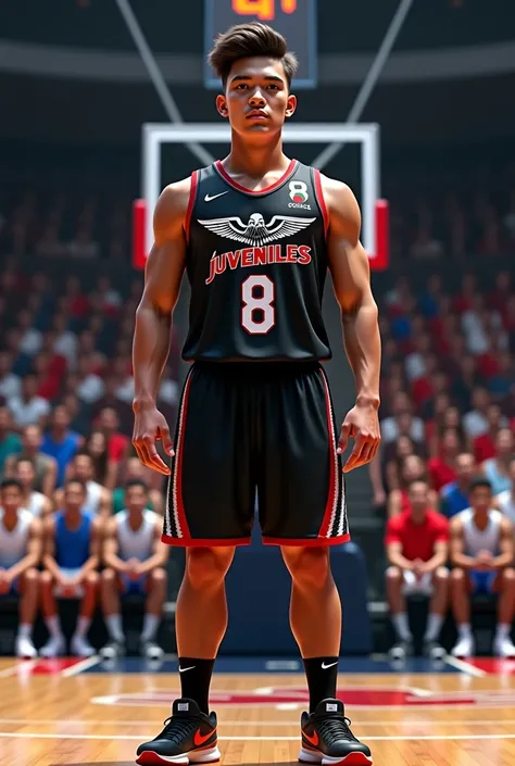 men's basketball uniform color black and silver with the image of a falcon on the chest, The number 8 and the name in 3D and written letter by letter in Spanish "juveniles" , short black