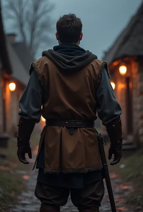 The backside of a medieval male warrior brown hair wearing brown sleeveless jacket and gray shirt with brown bracers and black pants and brown boots and black neck scarf at night in village under attack