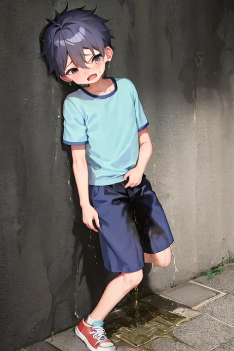 A little Chinese boy around 10，Normal body shape is slightly thin，He wears light blue and white short sleeves，Light blue shorts, sneakers, standing in the street。At this point he felt a great urgency to urinate，But it's a pity that the urine has flowed out...