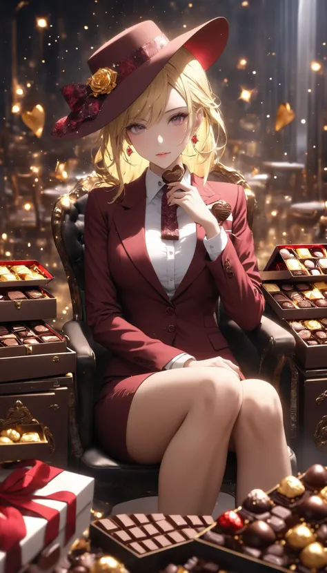 super realism、hyper realstic 1girl.Fantasy .
( burgundy color stylish business suit setup、 blonde)RedColor silk hat
normal chest 、
 chair、Lady 
(Box of Chocolates 、 sitting in front of piled chocolates in a chocolate safe )
epic, sparkle, particles , glowi...