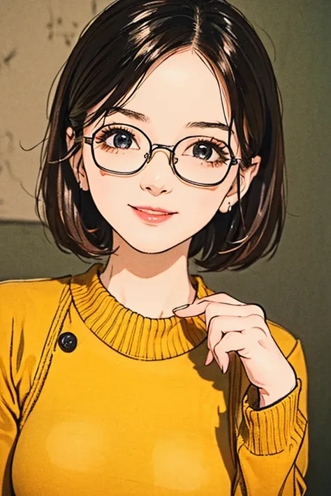 (( top quality)), ((傑 top quality、masterpiece、High sensitivity、 high resolution、 detailed depiction、 depicting a delicate face))Slender Woman、Glasses、 with a smile、Pastel colored knit ＆ sweater 、Yellow tights、 loafers 、