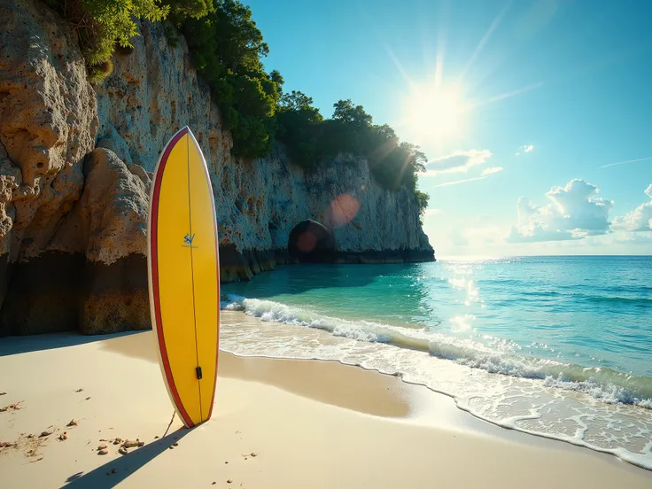  There is a surfboard on the beach near the rock,  Standing on Boracay Beach , Vacation photo,  Tourist Site,  White Sand Beach , Island with a cave, Philippines,  Boracay's Golden Hour , Crystal clear water,  Magical Beach , ,  Beautiful Places , , Paradi...