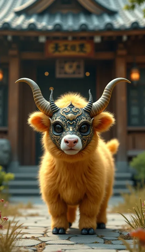  Fantastic　 Japanese House　A cute fluffy yellow calf with a demon mask　Horn