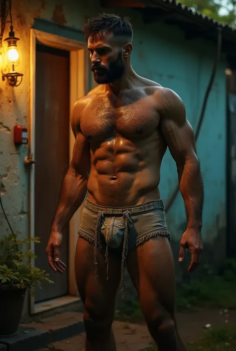 Hot man healed muscular ,  muscle in underwear with large volume on the front of the underwear, Bulge Duro  , It's in the favela outside the kitchen door of the house ,  hard penis marking tight underwear   ,  underwear seen up close he is sweaty   ,  brie...