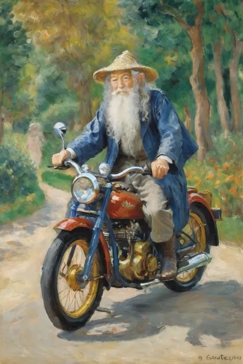 painting in the style of Pierre Renoir, Gandalf on motorcycle, Ian McKellan