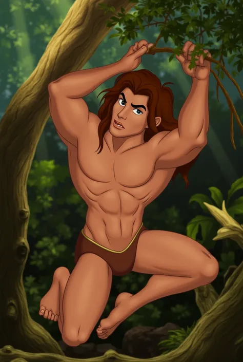 "Tarzan from Disney, best quality, intricate details, 1 man, muscular and toned physique, long brown hair, intense and curious expression, wearing only a brown loincloth, swinging on a vine, vibrant jungle background, photorealistic textures, dynamic pose,...