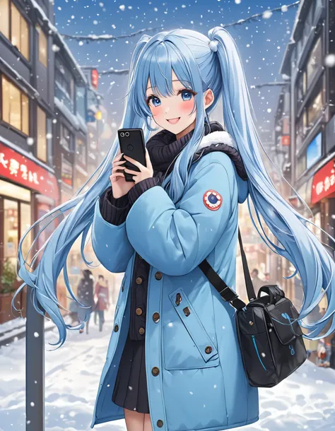  light blue long hair、    beautiful twin tail girl 、 I'm wearing a warm down coat 、 I'm calling on a public phone in a busy city、Happy smile、   it's snowing outside 、My dog is snuggling up to my side 