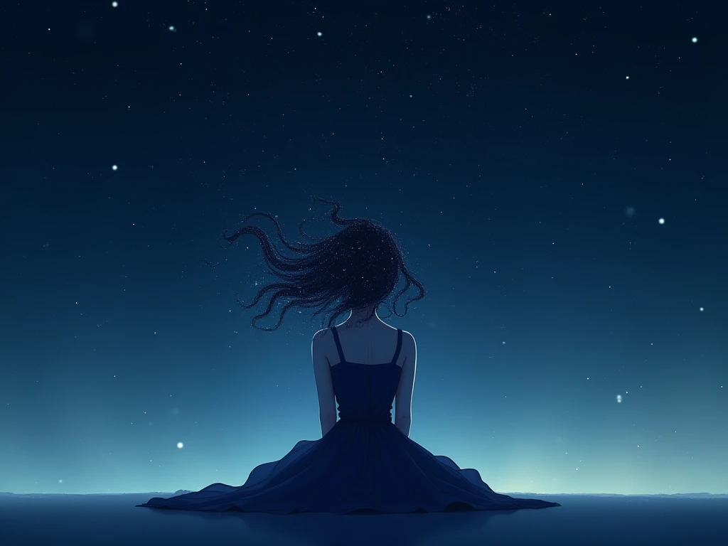  girl,  alone in empty space sitting in nothingness without feelings, He doesn't know who he is, She wears a blue-black dress that gets lost with the environment and her hair is made of stars and cosmos, The style is digital art mixed with anime, The camer...