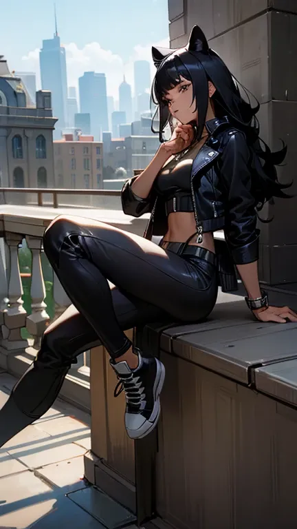    high resolution,  humanization,  Black Panther , Black Panther 耳,woman, black hair, leather jacket, One Piece, sneakers, cafe terrace 