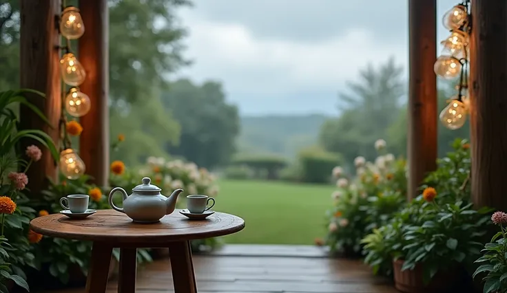 A cozy outdoor setting on a cloudy day, with a small round wooden table holding a teapot and cups. The table is surrounded by lush greenery and blooming flowers, with soft decorative lights adorning the wooden pillars nearby. The atmosphere is calm and ref...