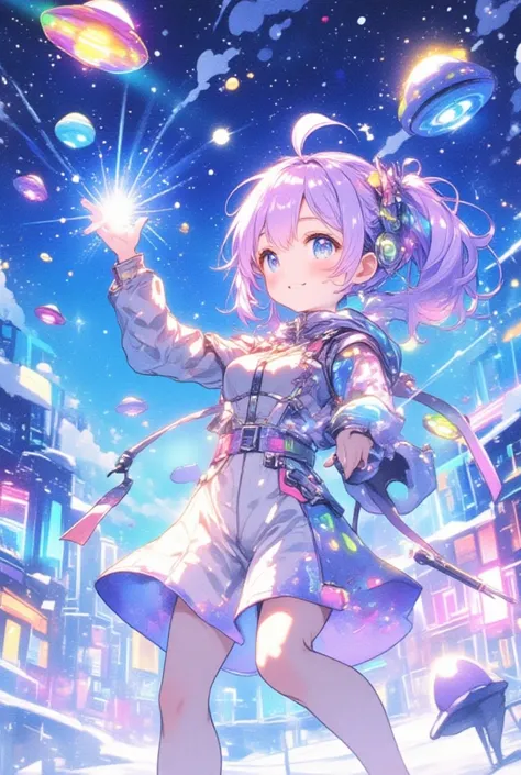 watercolor, pastel color, kawaii, pastel purple hair, rainbow color headdress, winter night sky, snow and cityscape, ultra detailed cute moe anime, chibi, dynamic angle, (close up face), smile, UFO Magical Girl paints a futuristic world where science and m...