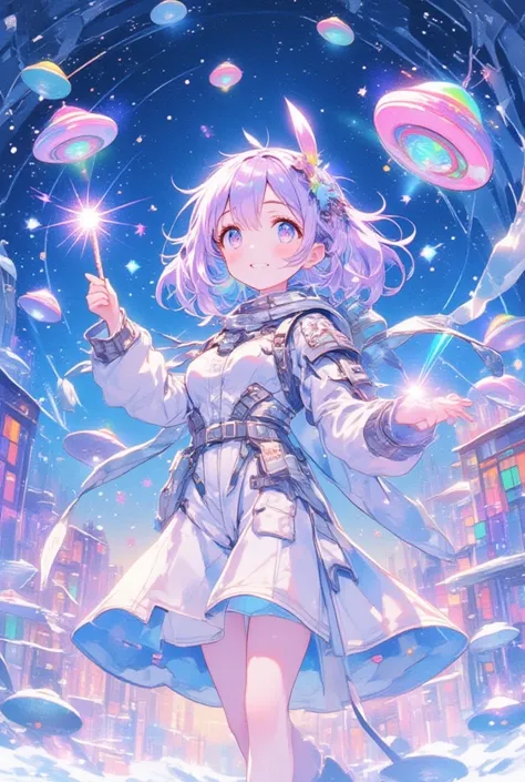 watercolor, pastel color, kawaii, pastel purple hair, rainbow color headdress, winter night sky, snow and cityscape, ultra detailed cute moe anime, chibi, dynamic angle, (close up face), smile, UFO Magical Girl paints a futuristic world where science and m...