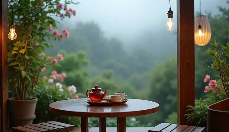 A cozy outdoor setting on a cloudy day, with a small round wooden table holding a teapot and cups. The table is surrounded by lush greenery and blooming flowers, with soft decorative lights adorning the wooden pillars nearby. The atmosphere is calm and ref...