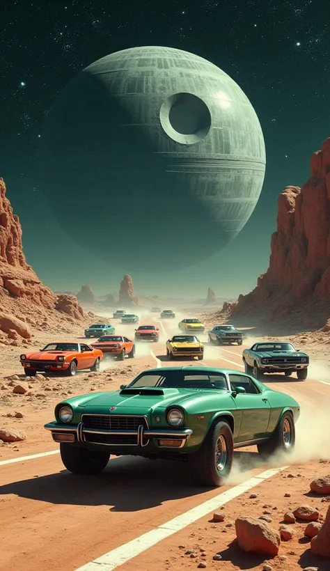 Many brands of cars in the 2000s. with floating wheels hovering above the ground, speeding across an alien planet with a unique rocky surface. The sky is deep space, filled with stars, and a massive, mysterious Death Star-like celestial body looms in the b...