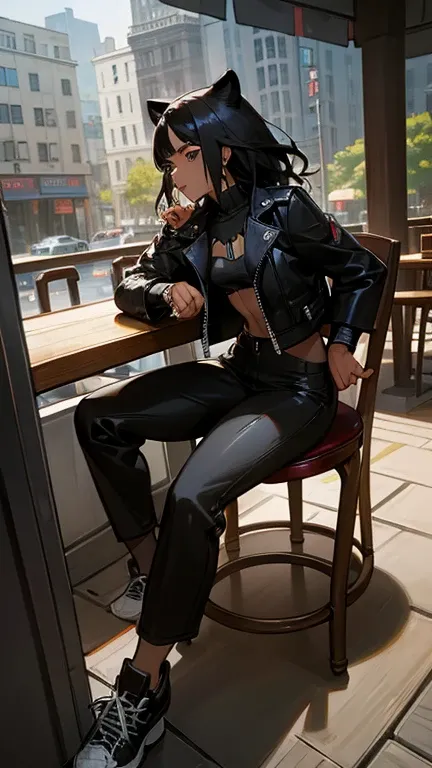    high resolution,  humanization,  Black Panther , Black Panther 耳,woman, black hair, leather jacket, One Piece, sneakers, cafe terrace 