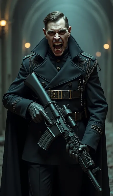 Vampire Soldier,  with an open mouth showing bat teeth,  military uniform ,  wielding a machine gun,  Ultra-detailed,  High quality cutlery,  8k quality,  very detailed face, Cinematic