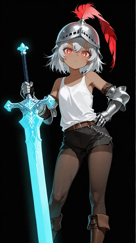 a dwarf size joyful physically thick young short dark skin small-sized girl, with short silver hair and red eyes wearing a medieval helmet with a red feather and medieval full arm gauntlets and knee height tights and a short white tank top and black shorts...