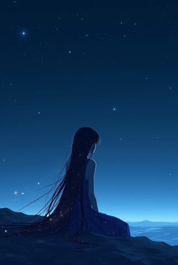  girl, Alone in empty space sitting in nothingness without feelings, He doesn't know who he is, She wears a blue-black dress that gets lost with the environment and her hair is made of stars and cosmos and is extremely long, The style is digital art mixed ...