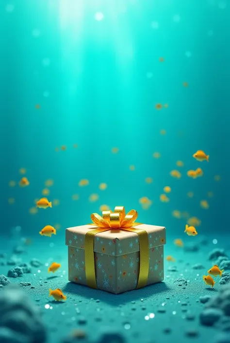 Christmas gift under the turquoise sea bottom without reefs with yellow fish 