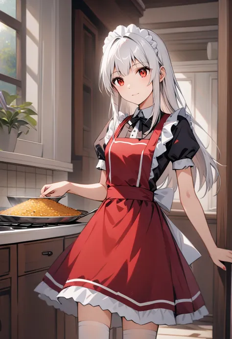 (masterpiece), best quality, expressive eyes, perfect face, 1 Girl, Tall, Tomboy, solo, long straight hair, white hair, red eyes, medium chests, gentle smile, red maid dress, short-sleeve, black maid neck ribbon, red maid skirt, short skirt, white thighhig...