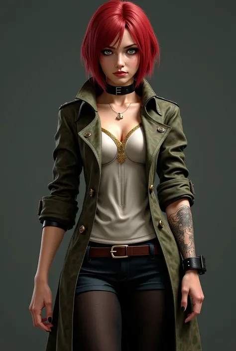 A game like image of a female OC for resident evil that has red hair, green eyes, a black choker, a camouflaged trench coat, a white and gold accented top, opaque black tights, black nails, and a tattoo sleeve on her left arm?